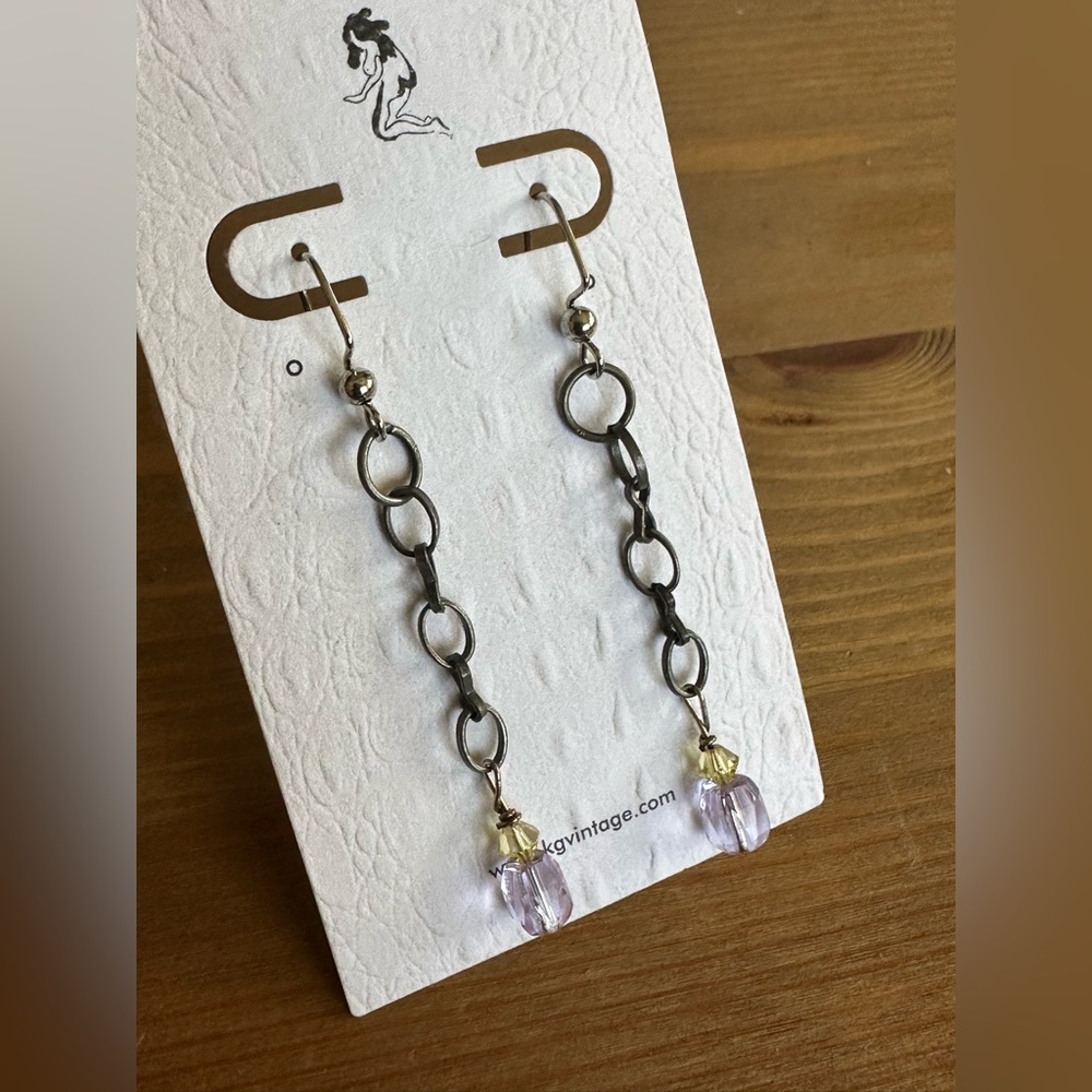 Handmade Vintage Metal Chain Dangle Earrings with Lavender Glass Beads